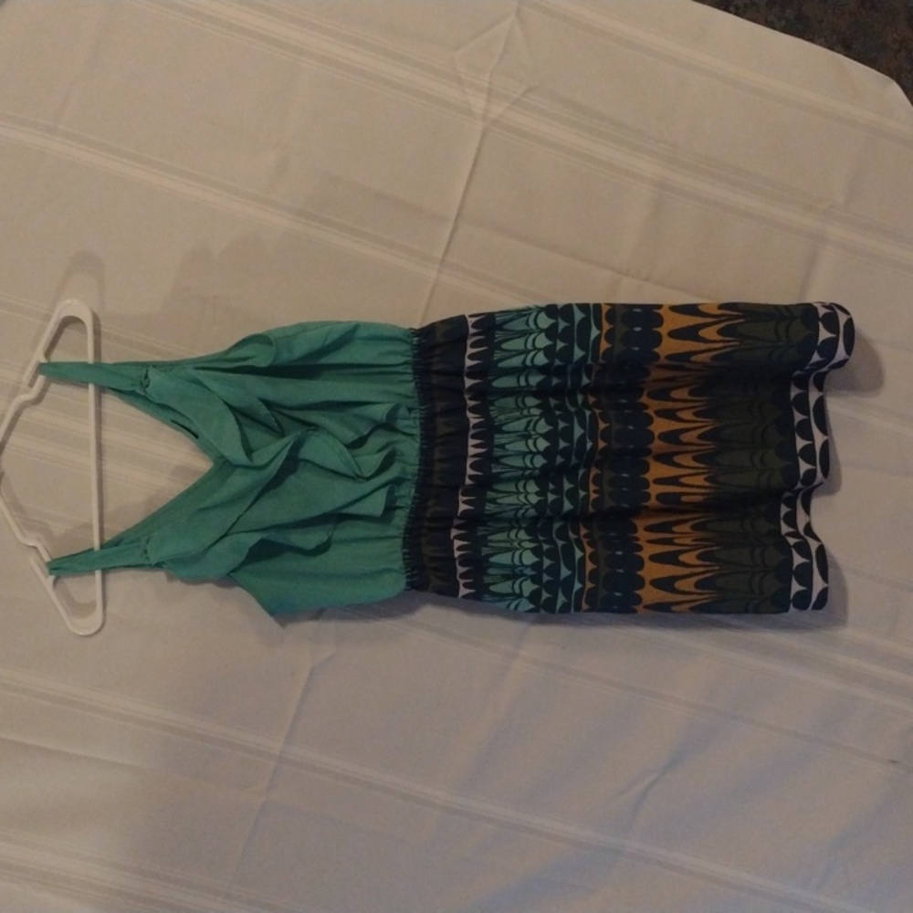 Aqua dress with gold and white print skirt, size L-XL